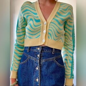 Vintage Fiorucci Blue and Green Wavy Stripes Cropped Cardigan  Organic Cotton